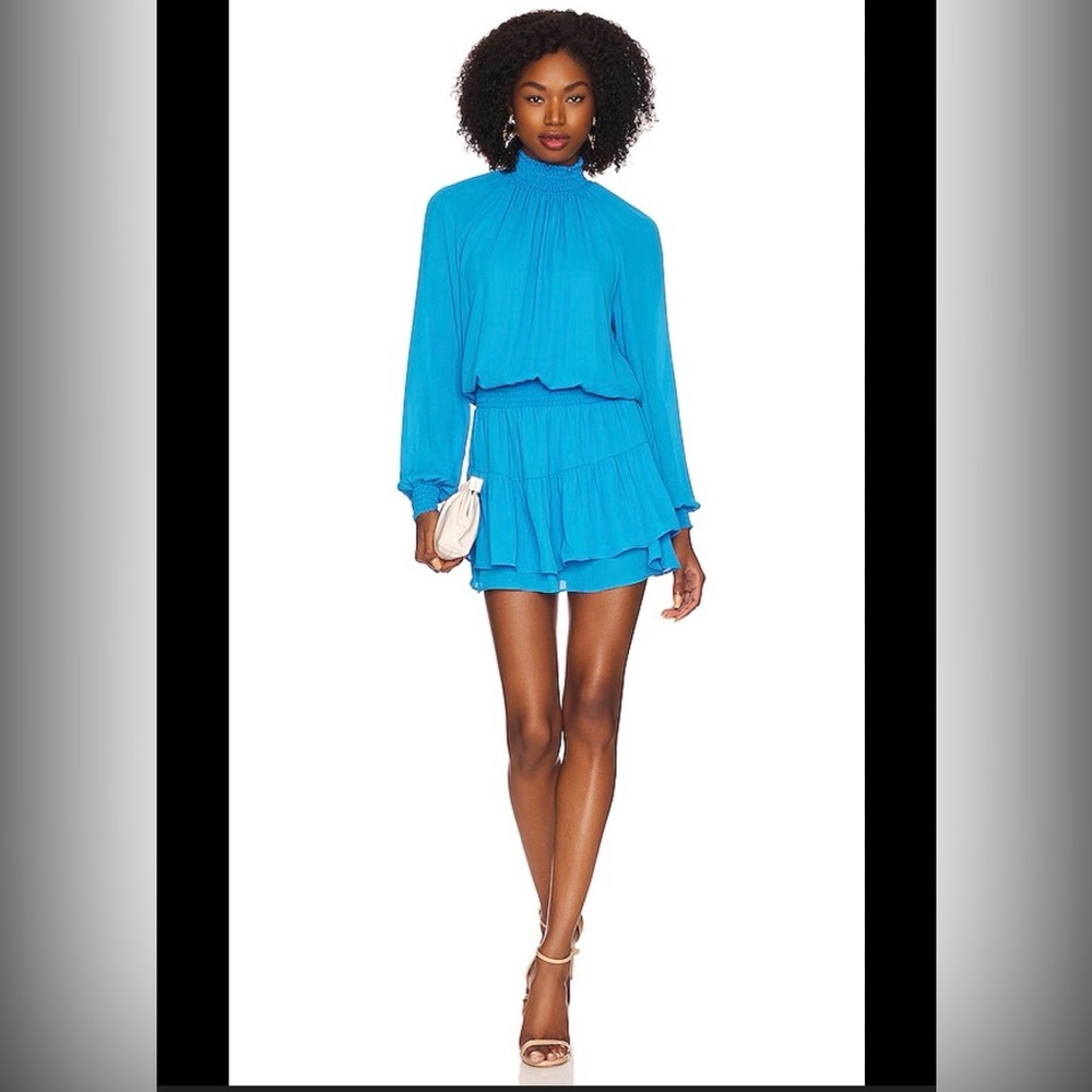 NEW Revolve Dress Krisa Smocked Waist Long Sleeve Ruffle Mini Baja Blue Medium